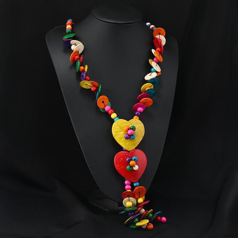 Богемное цветное кокосовое ожерелье, праздничный стиль, длинная деревянная ручная работа, цепочка для свитера, женские аксессуары