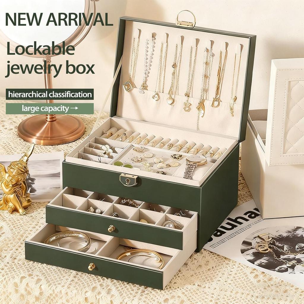 Изысканная трехслойная шкатулка для хранения украшений с большой вместимостью и многослойным ящиком для ожерелий, сережек и украшений для рук
