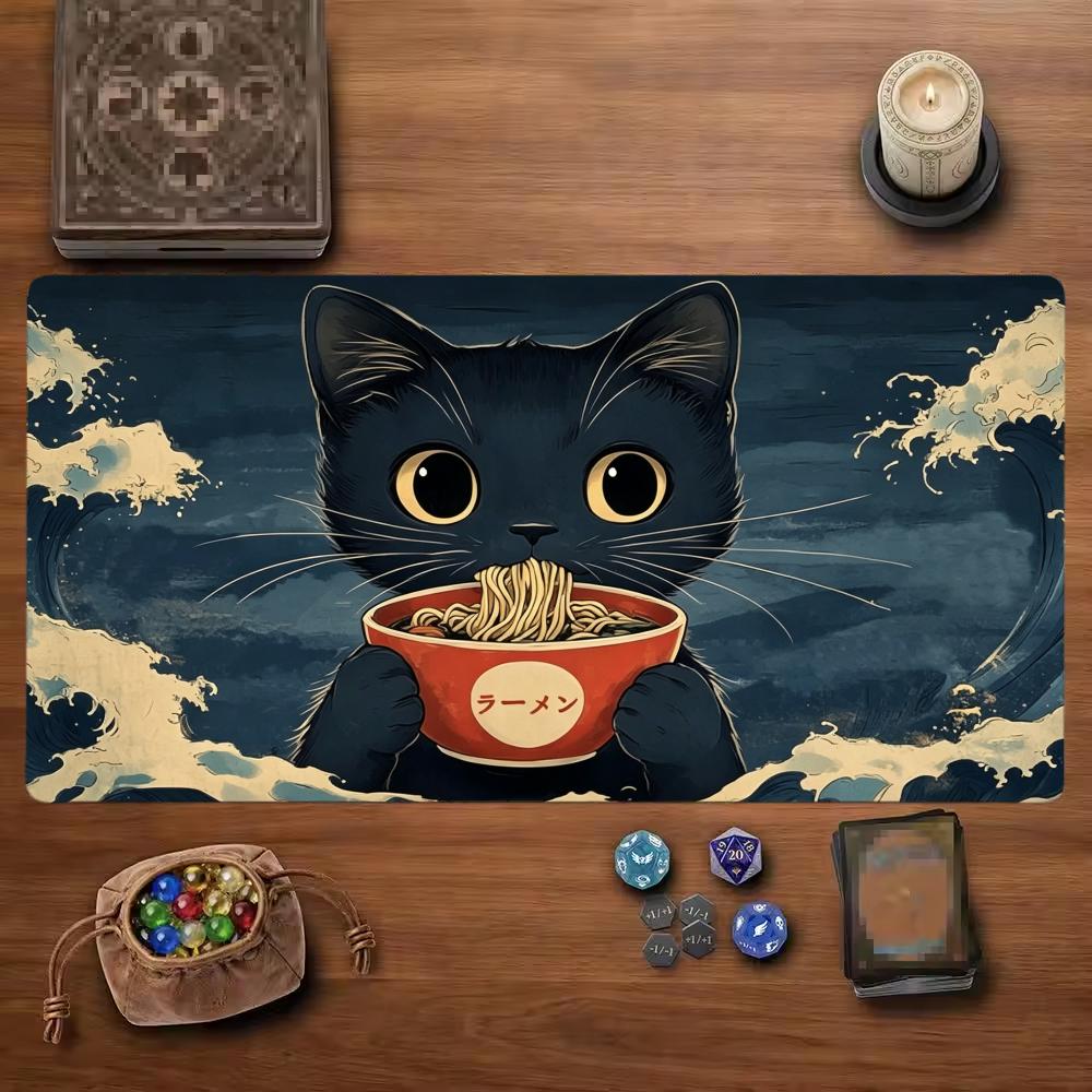 Cat Eating Ramen TCG Playmat Mouse Pad Playmat 24"X14" MTG TCG Office Desk Mat for Work Game PC Laptop Rug Carpet MousePad