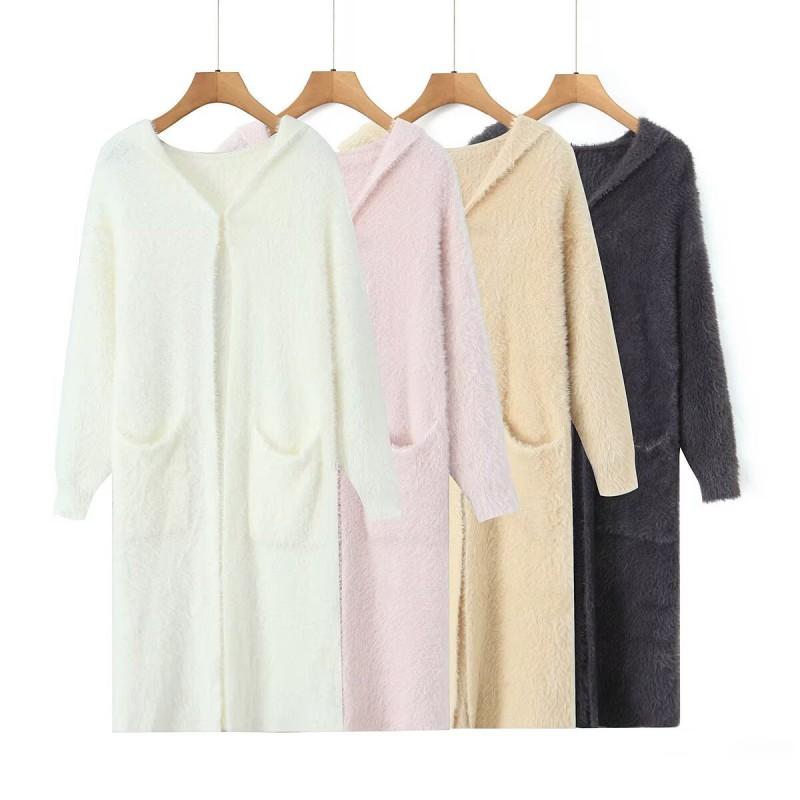 Womens Oversized Mohair Blend Hooded Cardigan With Pockets Mid-Length Open Front Sweater