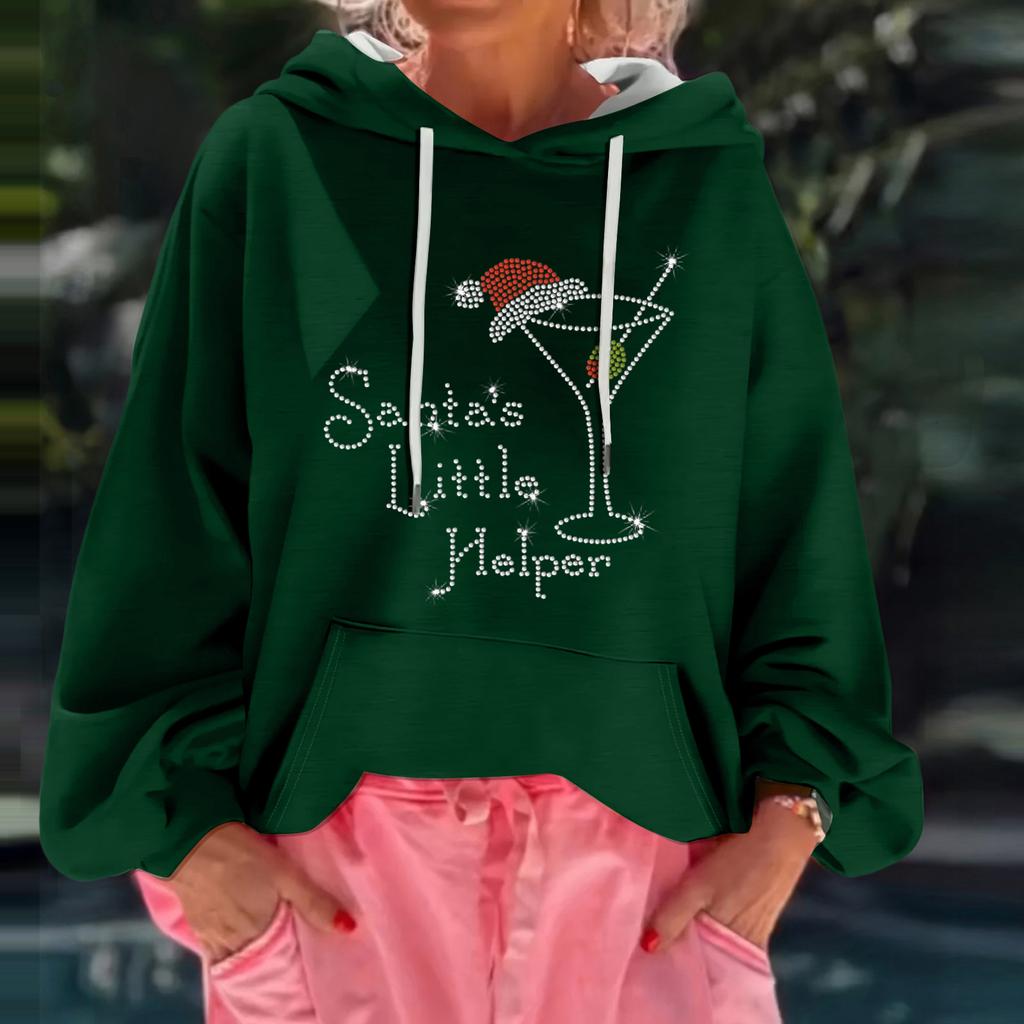 Женский рождественский принт, свободный повседневный худи с длинным рукавом и капюшоном