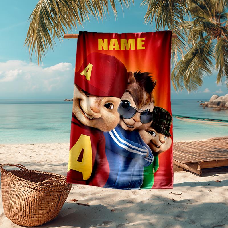 Custom Name Ultra-Soft Beach Towel with Alvin and the Chipmunks Theme,Ideal for Pool - Camping, Diving - Perfect Travel Essential, Vibrant Beach Towel