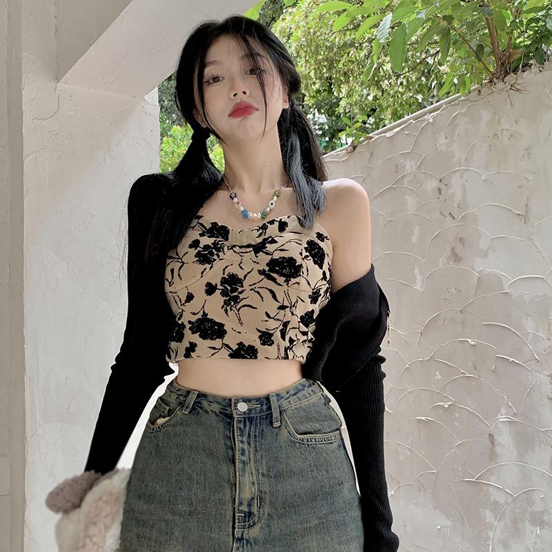 Женские топы без рукавов с цветочным принтом, милый тонкий эластичный топ без рукавов