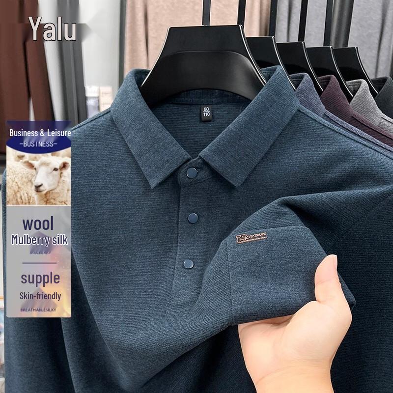Yalu Men's Business Silk & Wool Blend Long-Sleeve Polo Shirt