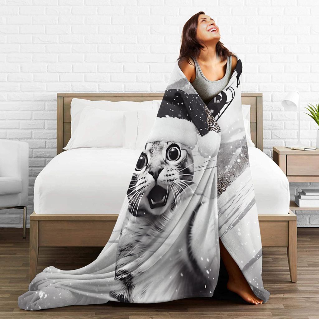 Cat Selfie with Santa Plush Blanket Girls Boys Flannel Throw Blanket For Living Room Warm Custom Quality Bedspread Gift
