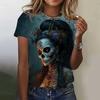 Summer Round Neck 3D Rose Skull Pattern Printed Top Fashionable Casual Short Sleeved Women's T-shirts