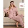 Women's Modal Rayon Pajamas Cardigan Stripe with Eye Mask Long Pants Set Casual Homewear Pajama Set