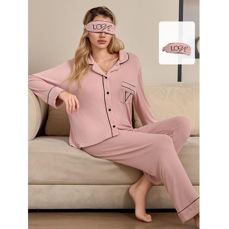 Women's Modal Rayon Pajamas Cardigan Stripe with Eye Mask Long Pants Set Casual Homewear Pajama Set