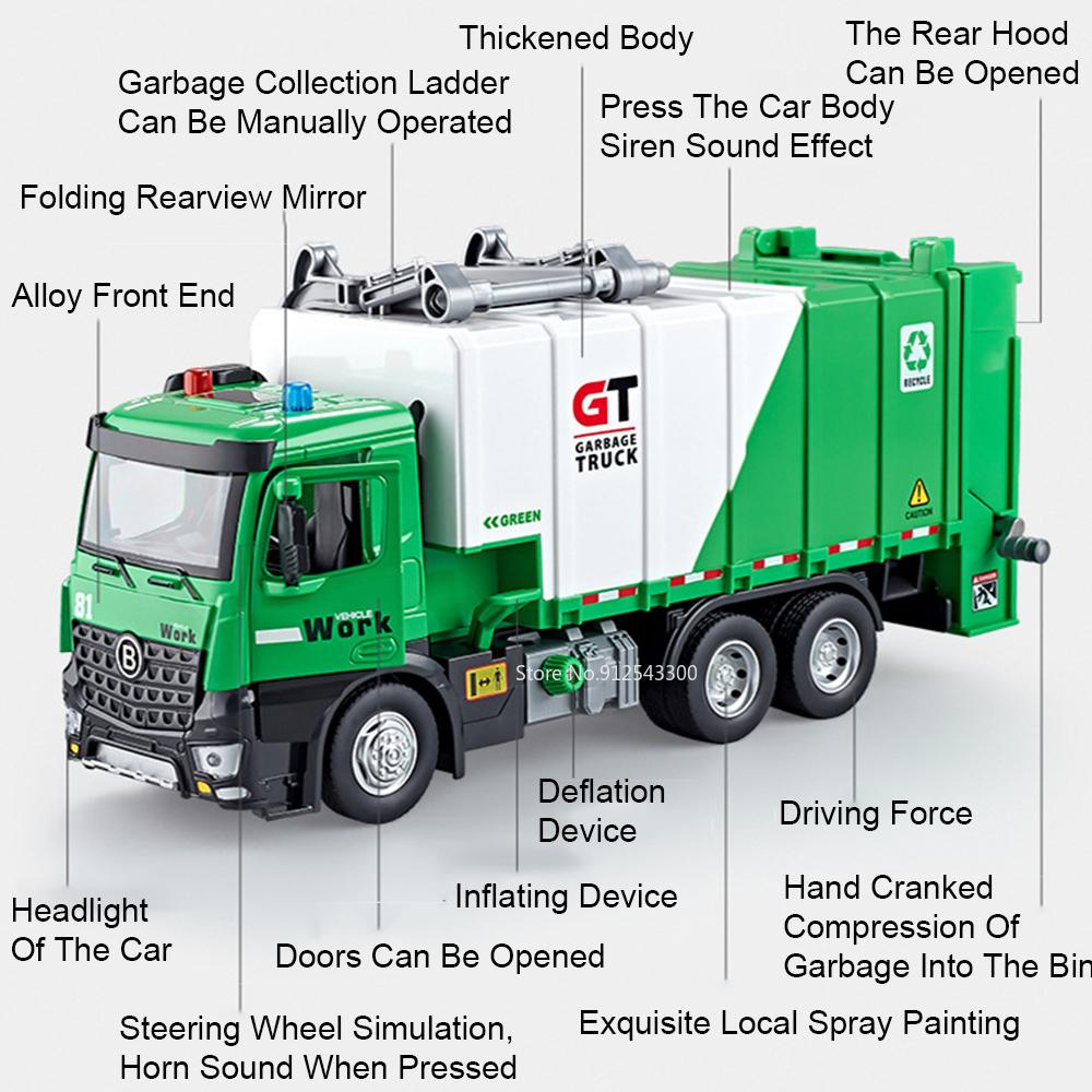1:24 Garbage Car Sanitation Truck Toy Model Metal Diecast Music Light Doors Opened Engineering Vehicles Inertial Advance Toys