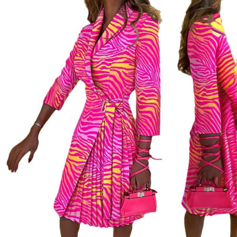 Womens V-Neck Fashion Tie Waist Mid-Sleeve Pleated Dress