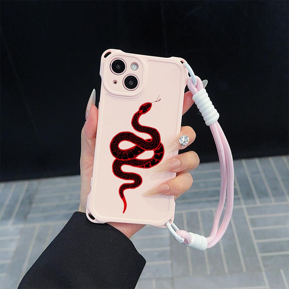 Soft Phone Cases for iPhone 16 15 13 12 11 14 Pro Max 8 Plus Four Corners Anti-Drop Protective Cover Optional Lanyard Rope N73 Black Gold Snake Design