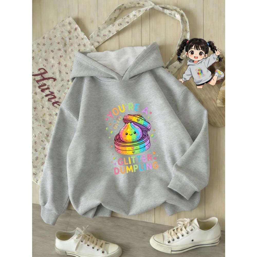 Kids Hoodie with Pastel Letter Print and Colorful Glitter, Warm Fleece Sweatshirt for Autumn and Winter, Fashion Children's Sweatshirt
