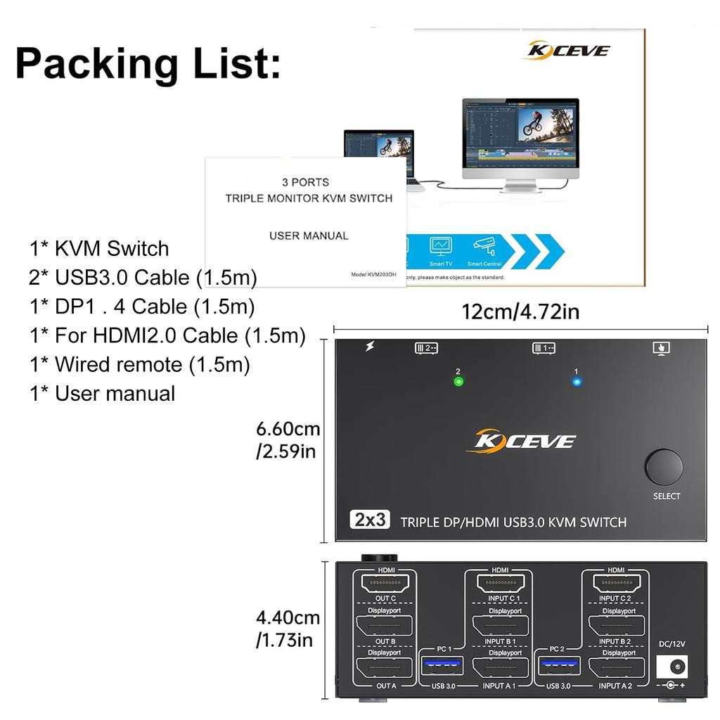 KVM-переключатель USB 3.0, два входа, три выхода, три монитора, поддержка 8K при 30 Гц, 4K при 144 Гц USB 3.0