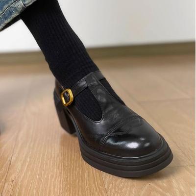 Французские черные туфли Мэри Джейн с круглым носком, женские, весенние, новые, на толстом высоком каблуке, на толстой подошве, увеличивающие рост, ретро, одинарные туфли, маленькие кожаные туфли