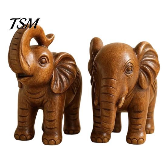 Symbol of Harmony Elephant Figurine Ornament, Resin Wood Grain Statue, Auspicious Retro Style Living Room Decoration Animal Sculpture for Home Office