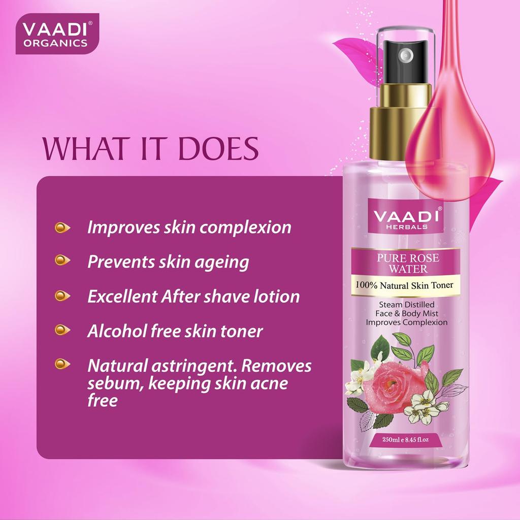Vaadi Herbals Rose Water 250ml Pack of 1 – Hydrating, Soothing, Natural Skin Mist for Healthy Complexion