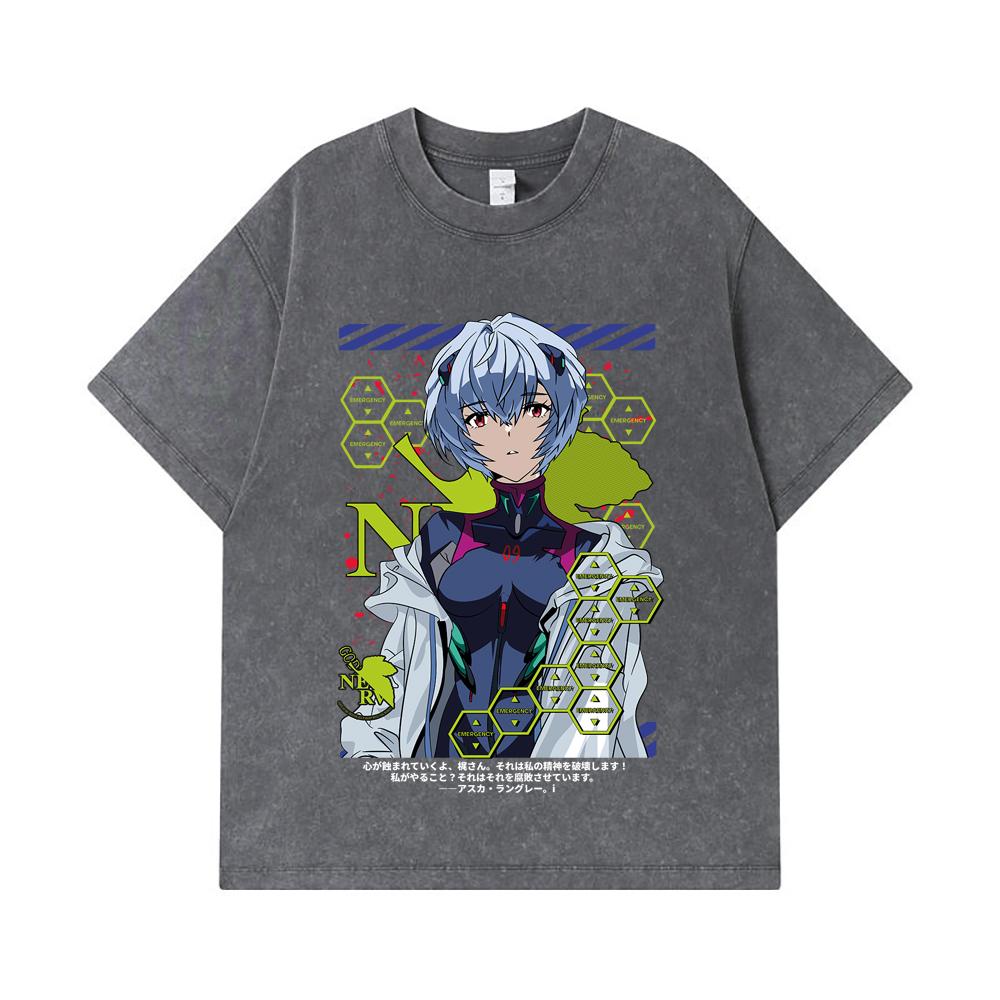 275 GSM Washed T-shirts 100% Cotton Evangelion V6 Rei Print Unisex Heavy Cotton T Shirt