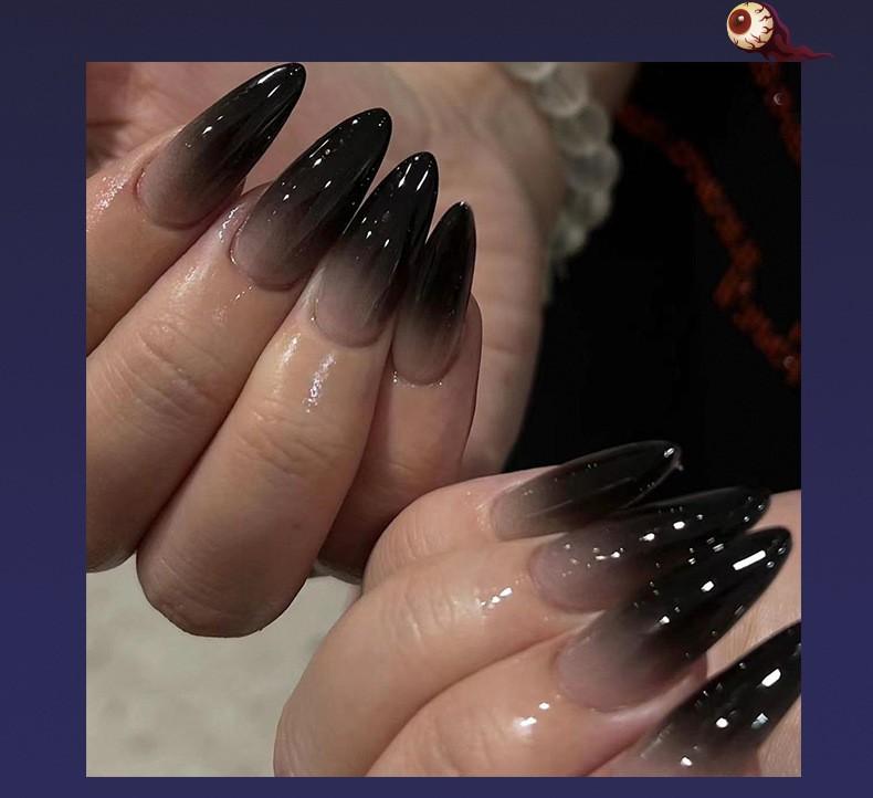 Женские короткие носимые ногти с черным градиентом на Хэллоуин(Клей 2мл)