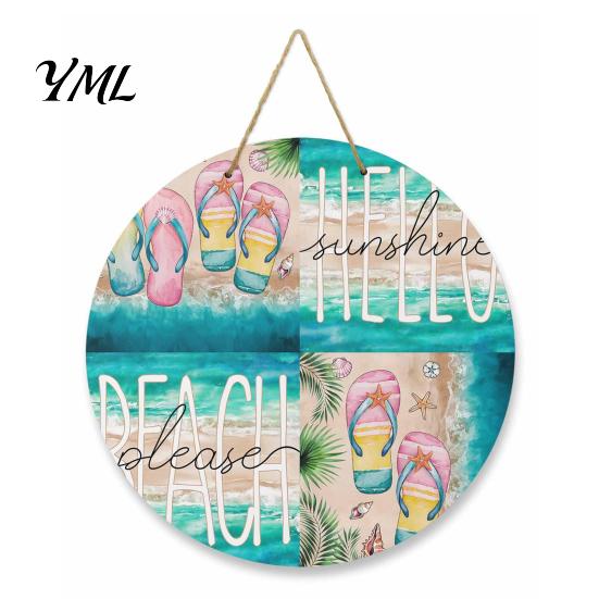 Summer Beach Decor Round Wooden Door Hanger, Watercolor Welcome Sign, Hello Sunshine Indoor Outdoor Wall Hanger Please Plaque for Porch Decorative
