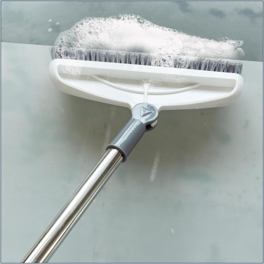 Grout Cleaning Brush with Long Handle, Stiff Brush, Swivel Hard Bristle Brush, 2 in 1 Scrub Brush with Scraper, Tapered Bristles Grouting Line Brush,