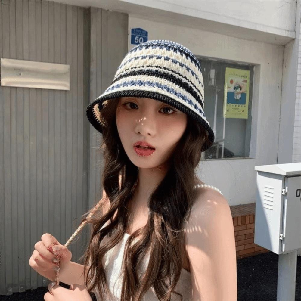 Stripe Knitted Bucket Hat Temperament Sun Protection Cap Fashion Fisherman Hat Women