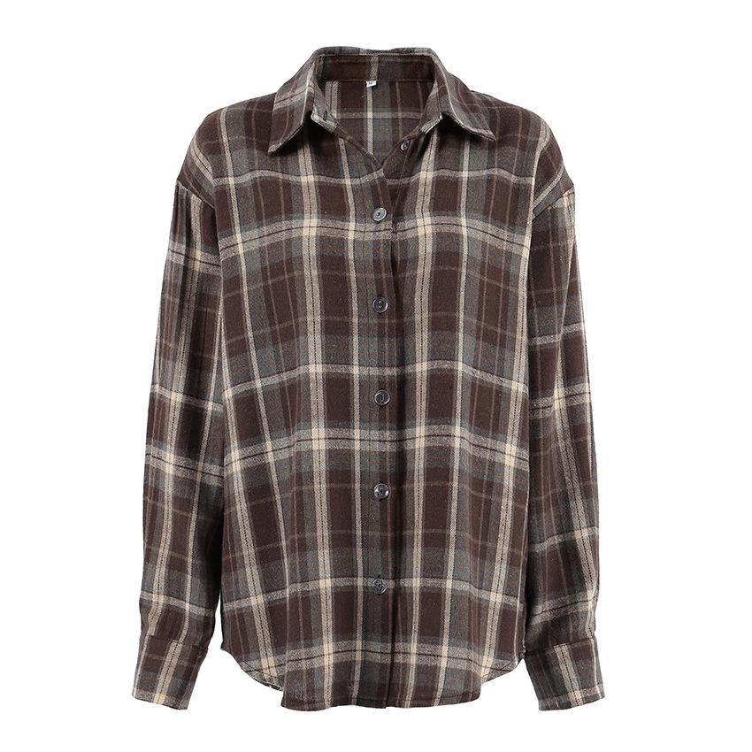1116 European and American women's clothing new trend chic autumn top lapel medium and long plaid shirt