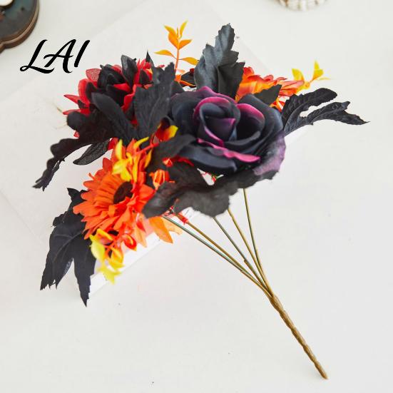 Fake Maple Leaf Decor Halloween Artificial Flower Fall Faux Sunflower Rose Bouquet with Black Maintenance Free Flowers Leaves Autumn Floral