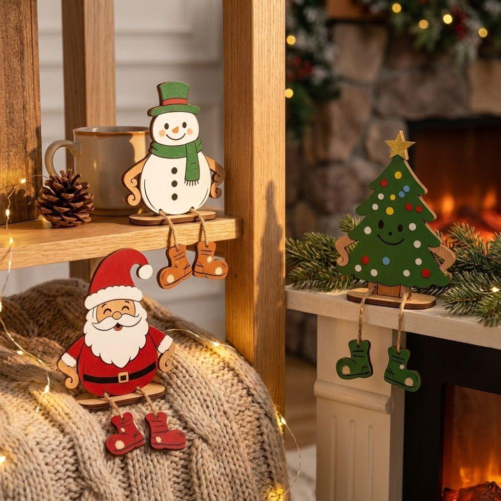 3Pcs Handmade Craft Santa Snowman Tree Ornament Christmas Tiered Tray Decor Fireplace Mantel