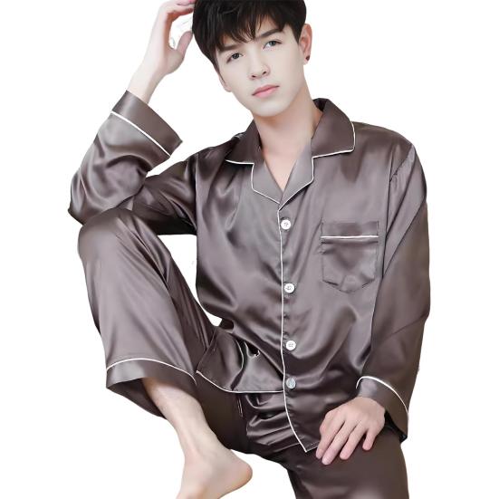 Комплект мужской пижамы из 2 предметов: Топ с лацканами и длинными рукавами на пуговицах, эластичные свободные длинные брюки. Домашняя одежда.