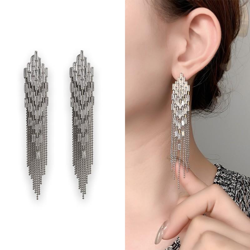 Elegant Long Tassel Earrings With Zirconia Accents Gold Plated Copper Chain Drop Women