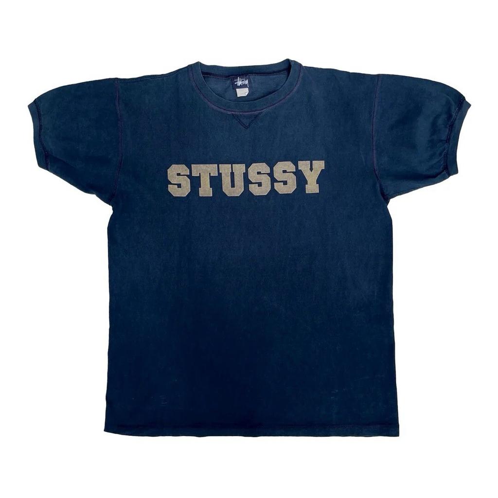 Stussy 1990 90-е Винтажная Футболка с Названием Бренда и Логотипом Stüssy Сделано в США Уличная одежда Темно-синяя Футболка Унисекс