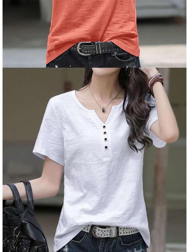 Женская летняя футболка 2024 года больших размеров в стиле ретро с V-образным вырезом и короткими рукавами - однотонная, простая, универсальная и модная.