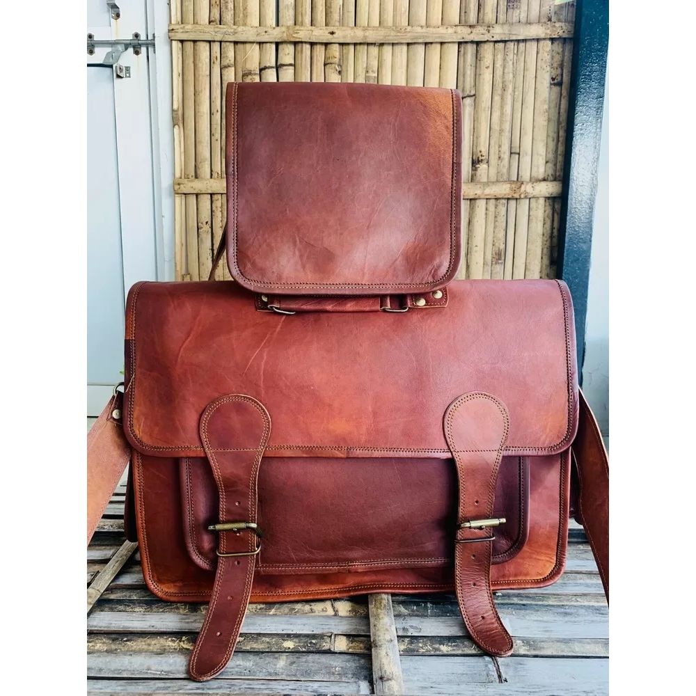 Vintage Leather Bag Men's Messenger Shoulder Laptop Briefcase Handmade Leather Bag ( Free Gift Sling Brown Bag Size - 9 X 7 X 3 In )