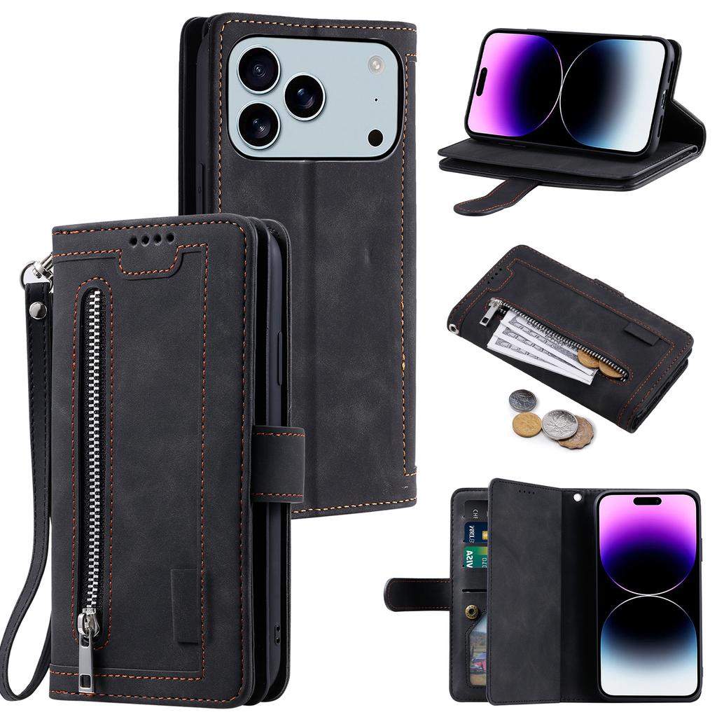 For iPhone 17 Pro Max Case 9 Card Slots Zipper Wallet PU Leather Phone Cover with Wrist Strap