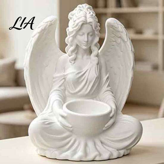Matte White Desk Ornament 3D Printed Sitting Angel Figurine with Bowl, Statue Tabletop Minimalist Resin Craft Ornament, Multi-Purpose Holder