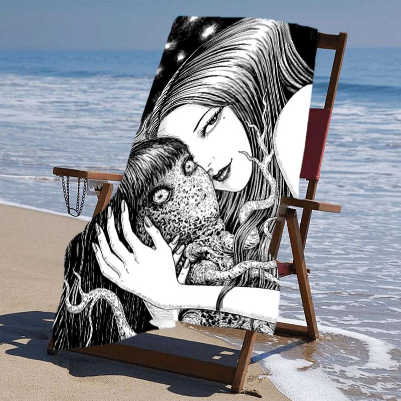 proof beach towel with a Thriller Manga Junji Ito Tomie2 pattern - soft,absorbent,quick-drying,machine washable - perfect for swimming,camping,bathing
