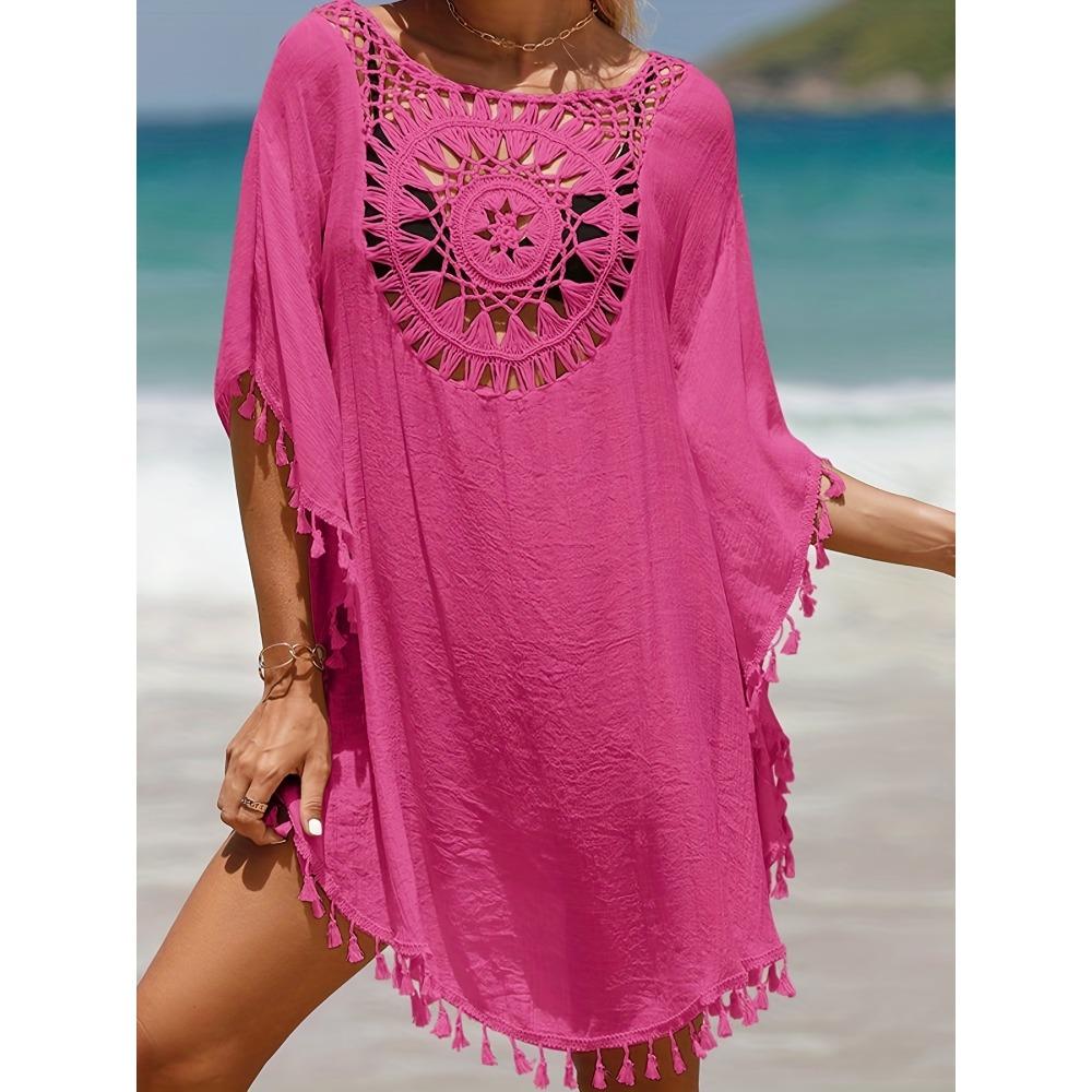 Вязаная крючком накидка в стиле бохо, женская накидка с круглым вырезом и кисточками, свободная посадка, женские купальники