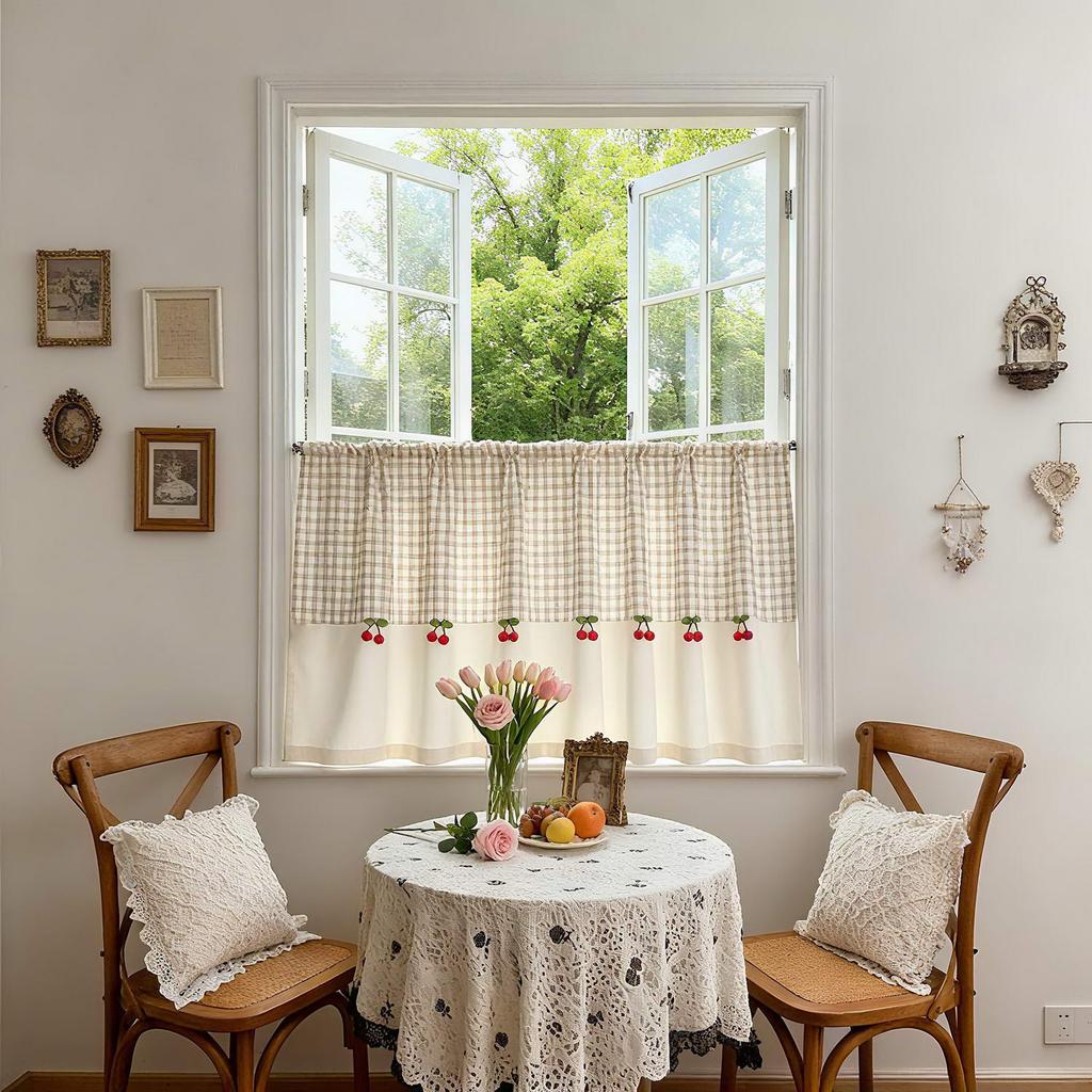 Romantic Cute Cherry Dcorate Short Curtain,Small Window Curtains for Kitchen,Apartment Kitchen Drapes,Kitchen Window Valance