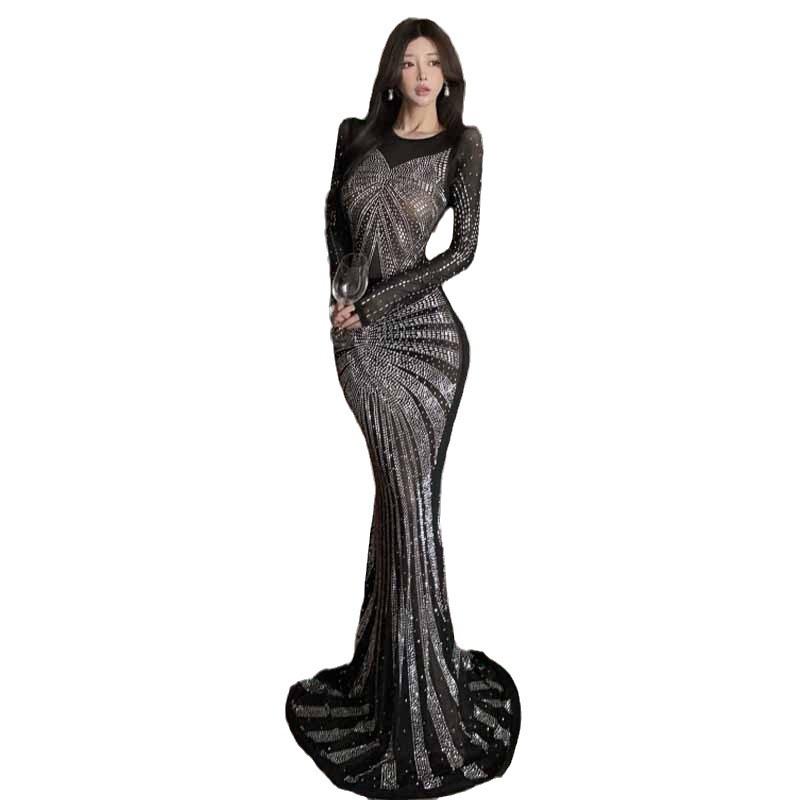 Женское сексуальное горячее платье с ромбовидной сеткой и длинным рукавом Tide