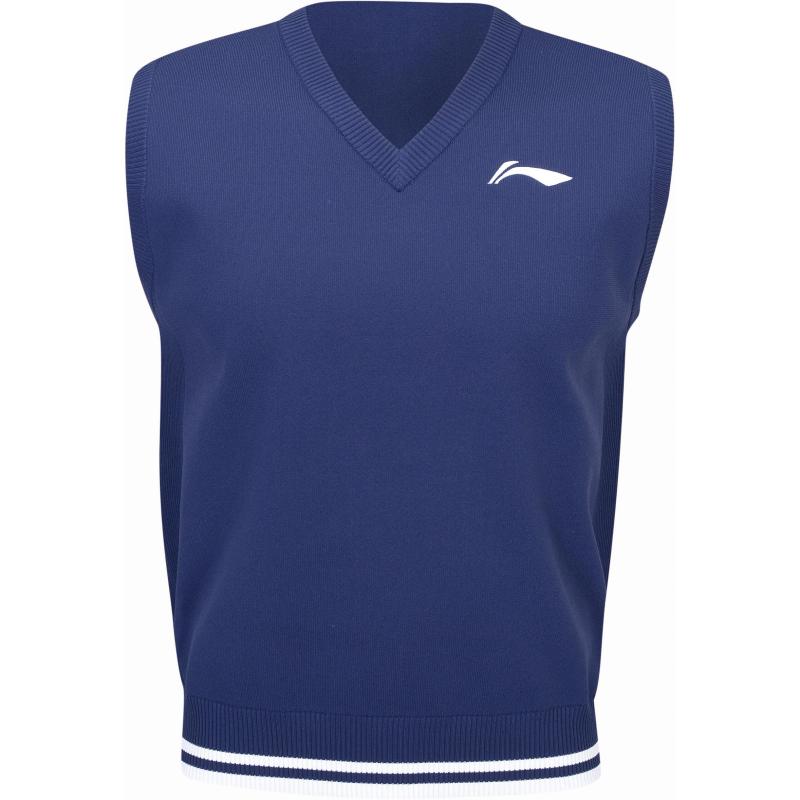 Li Ning Badminton Series Logo Print V-Neck Fashion Simple Pullover Knit Sweater Unisex Sweater Deep-Navy AMVU045-3