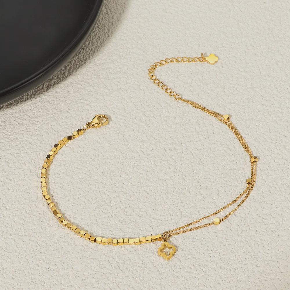 Стильный серебряный браслет с четырехлистным клевером: Легкая роскошь, нержавеющая сталь, не выцветает, универсальный дизайн