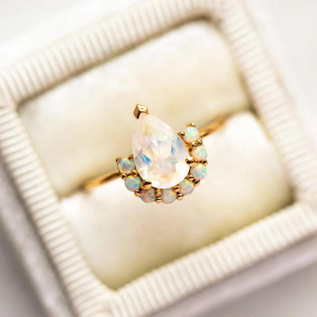 Pear Moonstone Ring with Opal Halo – Nature Inspired Gold Plated Boho Engagement Ring, Unique Promise Anniversary Gift for Women