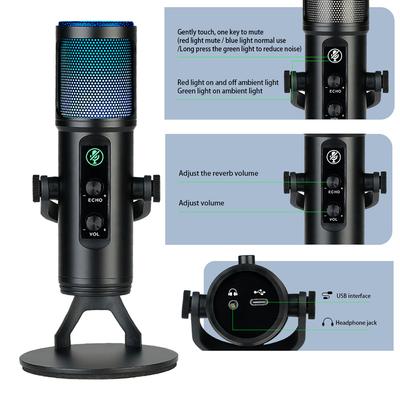 USB-конденсаторный микрофон, кардиоидный, с цветной RGB-подсветкой, кнопка отключения звука, разъём для наушников, мониторинг в реальном времени с