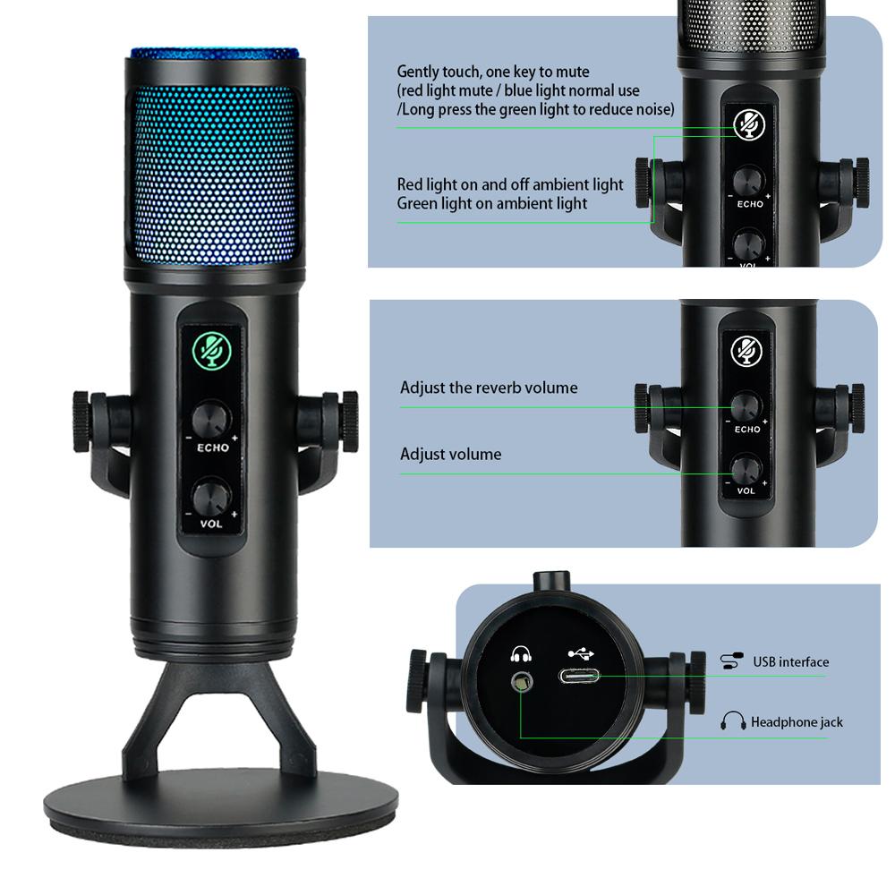 USB-конденсаторный микрофон, кардиоидный микрофон с цветной подсветкой RGB, отключение звука одной кнопкой, наушники в режиме реального времени