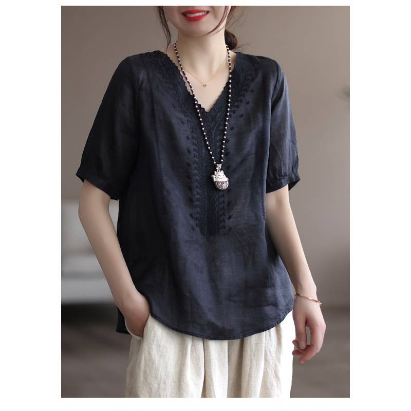 Летние женские свободные футболки с короткими рукавами и вышивкой в стиле ретро