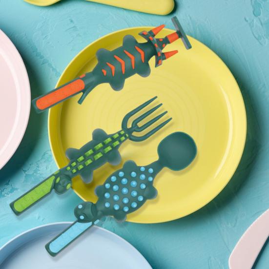 Набор столовых приборов для малышей в виде динозавра, вилка, ложка, толкатель, детский набор столовых приборов для веселых приключений во время еды, кухонные принадлежности без бисфенола А для самостоятельного питания и независимости