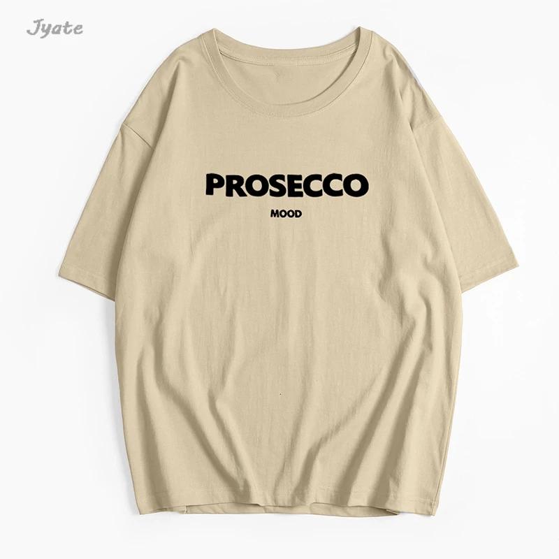 Prosecco Letter Print Модные летние футболки из хлопка, американская уличная одежда, женские топы 2024 года, новые свободные футболки с коротким рукавом и круглым вырезом Y2K