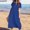 DAFIFY Women's Fashion Summer Spring Solid Color Print Short Sleeve V-Neck Loose Waistline Casual Dresses