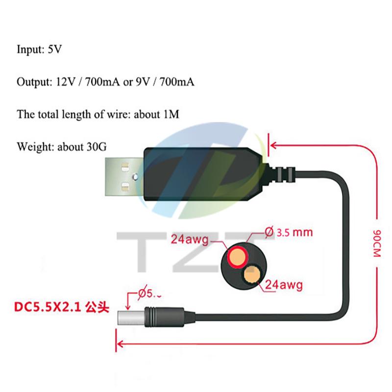 TZT 1/2 шт. USB-линия повышения мощности DC 5V на DC 9V / 12V Повышающий модуль USB-преобразователь Адаптер Кабель для роутера Штекер 2.1x5.5 мм