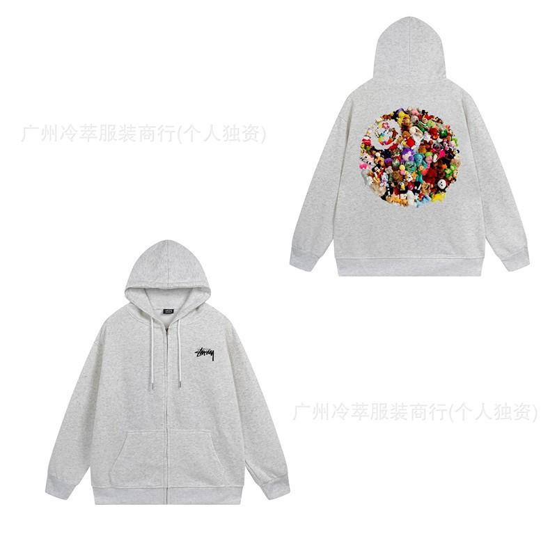 Unisex Hooded Zip-Up Fleece-Lined Sweatshirt With Letter Print Loose Fit Cotton Long Sleeve Men Women